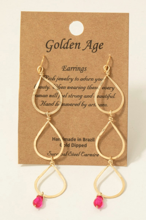 Hot Pink Gem Charm Triple Teardrop Dangle Earrings